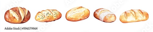 Watercolor painting of five different types of bread.