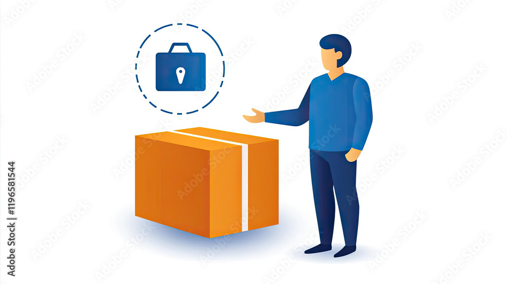 A person presenting a package with a security icon above it, illustrating logistics and safe delivery concepts. A person presenting a package with a security icon above it, illustrating logistics and safe delivery concepts.