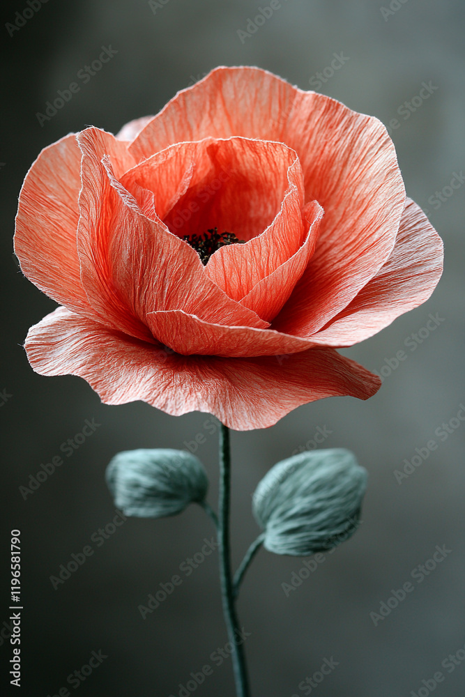 Delicate Coral Paper Flower with Green Leaves Delicate Coral Paper Flower with Green Leaves
