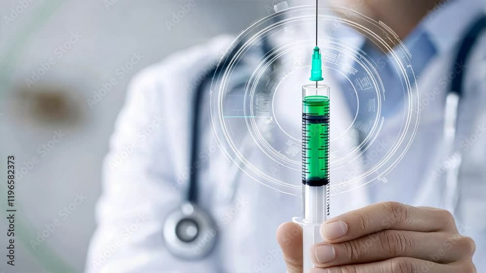 Futuristic syringe with green liquid surrounded by holographic medical data and icons, emphasizing insulin pumps and biosimilar insulin usage Futuristic syringe with green liquid surrounded by holographic medical data and icons, emphasizing insulin pumps and biosimilar insulin usage