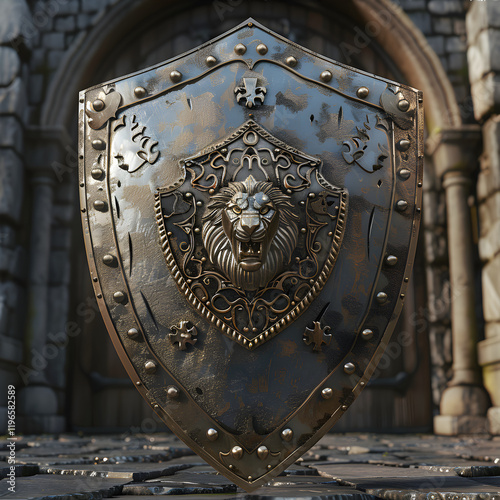 Medieval Knight's Shield: Symbol of Honor and Valor with Intricate Lion Emblem and Sturdy Frame photo