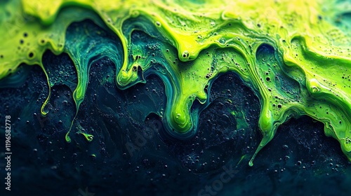 A wavy, slime-like surface with dripping textures in neon green and blue
