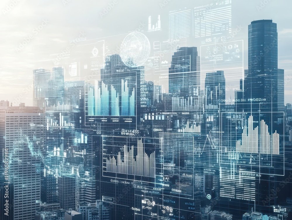 Obraz premium Futuristic Cityscape with Data Visualization Overlay: A Modern Metropolis Embracing Technological Innovation and Progress