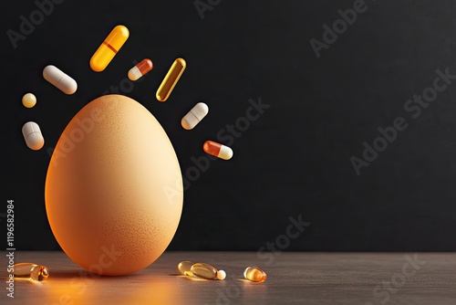 An egg surrounded by various capsules and pills, symbolizing health and nutrition, showcasing the relationship between food and supplements.