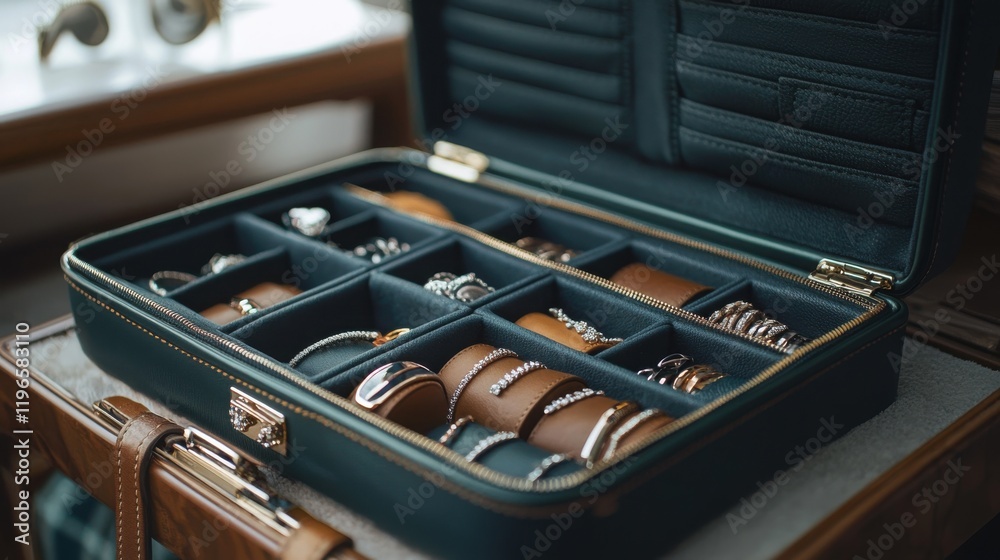 A sleek and modern jewelry travel case with compartments for various accessories. A sleek and modern jewelry travel case with compartments for various accessories.