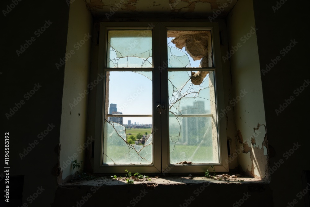 Fototapeta premium A close-up of a broken window in a derelict building, with shards of glass reflecting the light, surrounded by peeling paint and crumbling walls
