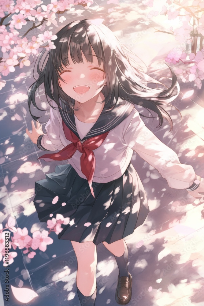 Fototapeta premium Cheerful Schoolgirl Amongst Cherry Blossoms