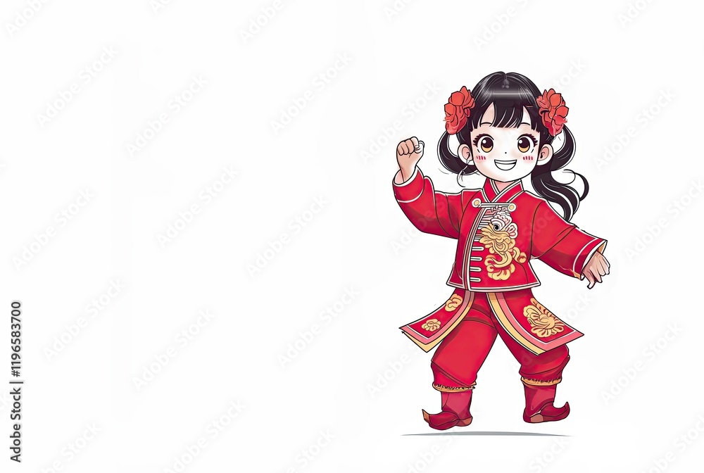 Cute line art of a teenage Chinese girl in a red outfit performing dance for Chinese New Year ,funny girl with a smile Cute line art of a teenage Chinese girl in a red outfit performing dance for Chinese New Year ,funny girl with a smile