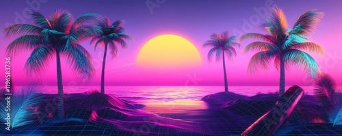 Neon sunset beach scene with palm trees and surfboard.