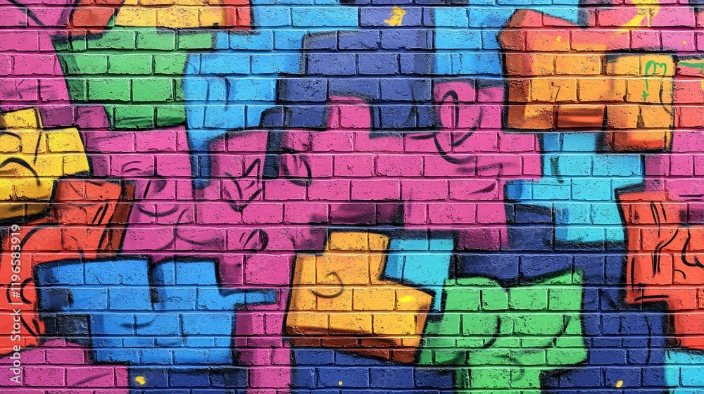 Obraz premium A cartoon brick wall with uneven, exaggerated bricks and colorful graffiti