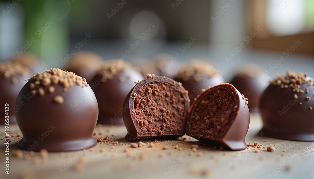 Chocolate truffles with crumb topping on wooden board, perfect for dessert advertisement Chocolate truffles with crumb topping on wooden board, perfect for dessert advertisement