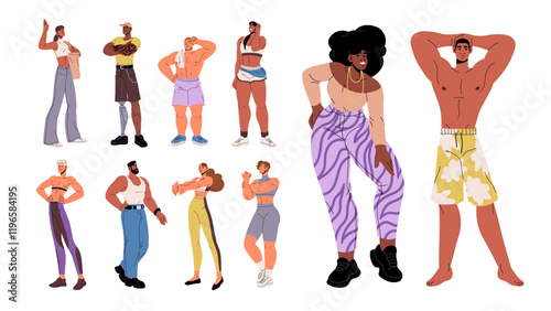 Set of sports people standing. Diverse sportsmen, sportswomen in sportswear posing. Happy muscular and slim athletes with sporty physique, body. Flat isolated vector illustrations on white background