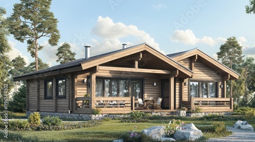 A modern wooden house surrounded by greenery and natural scenery.