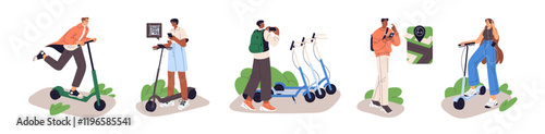 Set of people riding rental electric kick scooter. Men and women rent escooters online with sharing service in app. Characters walks by urban eco transport. Flat isolated vector illustrations on white