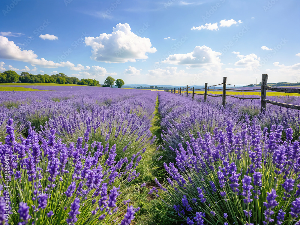 Naklejka premium Tranquil Lavender Field in Full Bloom Against English Countryside