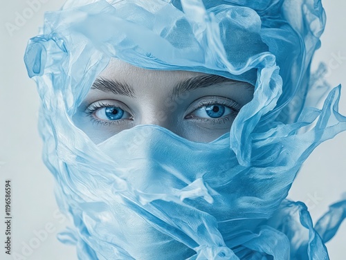 Closeup portrait of a young woman's face partially covered by flowing light blue fabric. photo