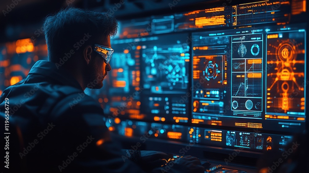 Cyberpunk Hacker Working Late at Night Cyberpunk Hacker Working Late at Night