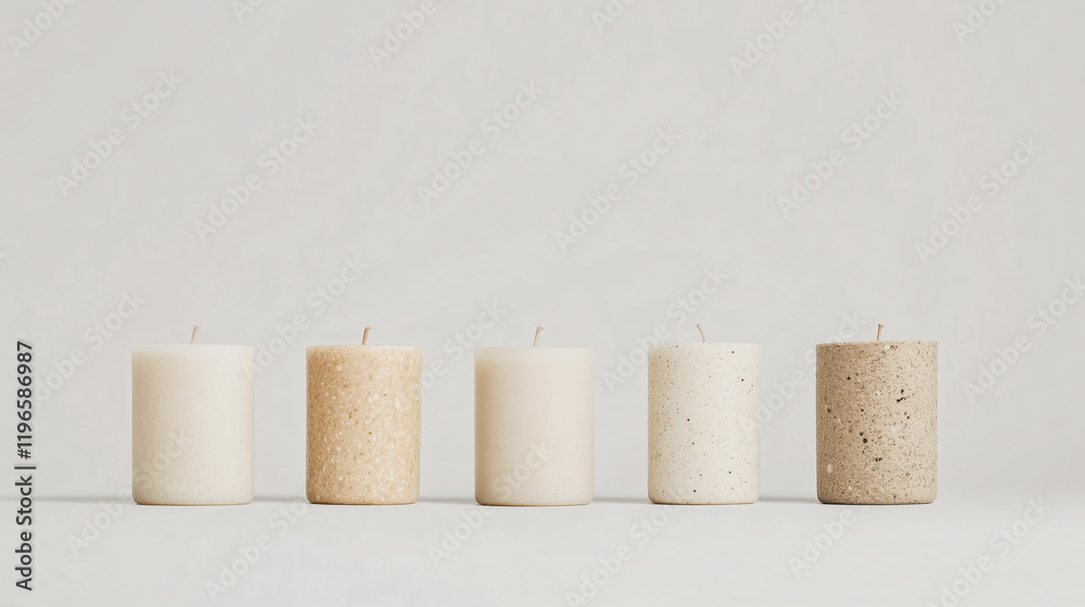 Five Scented Candles: A row of five cylindrical candles in varying shades of off-white and beige, exhibiting different textures, sits on a neutral backdrop. The candles are subtly lit. Five Scented Candles: A row of five cylindrical candles in varying shades of off-white and beige, exhibiting different textures, sits on a neutral backdrop. The candles are subtly lit.