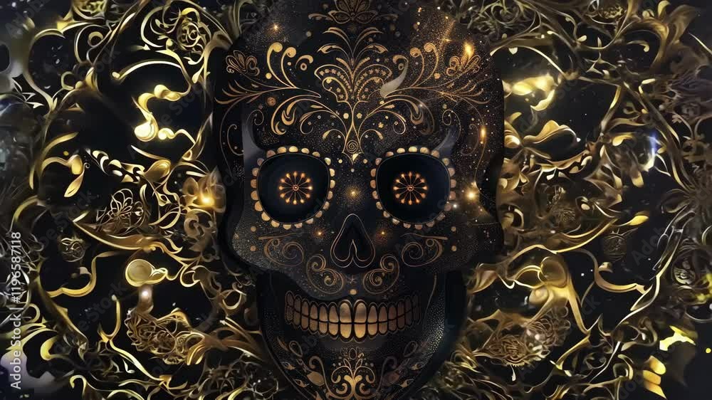 Black skull with gold filigree patterns, set against a dark background, representing luxury and intricate Day of the Dead craftsmanship. ai