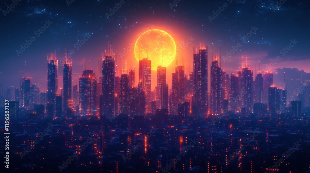 Fototapeta premium Futuristic Cityscape Under a Giant Orange Moon