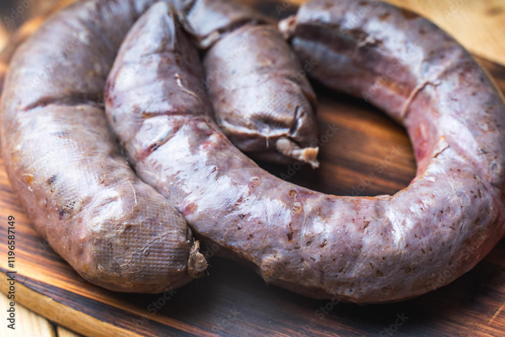 Fototapeta premium Homemade sous vide sausage cooked on a wooden board and a background. Close-up