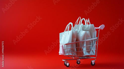 Minimalist Shopping Cart with White Bags on Vibrant Red Background photo