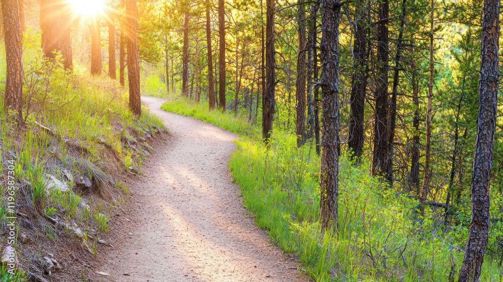 Obraz premium Serene forest path illuminated by sunlight through the trees.