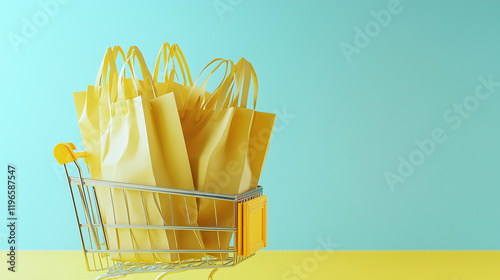 A paper shopping bags shopping cart yellow background a side, perfect focus, realistic look, light blue background photo