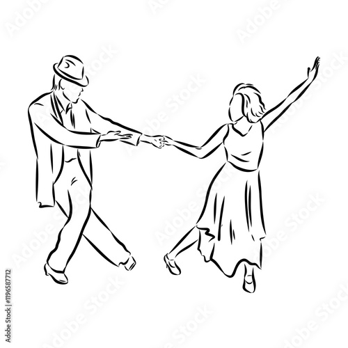 Couple in love dancing and having fun, hand drawn outline illustration. swing dance. vector