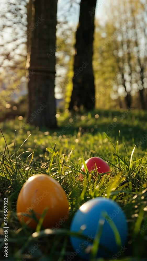 Colorful eggs hidden in the grass during a springtime outdoor egg hunt near trees at sunset
