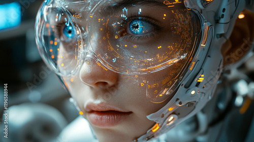 a woman wearing a futuristic helmet and goggles
