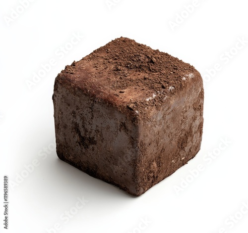 Single dark chocolate cube coated in cocoa powder, isolated on white. photo