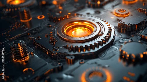 A shiny metallic surface with cartoon gears and bolts glowing brightly