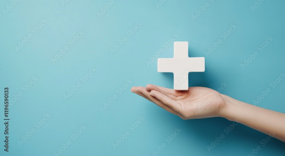 Hand holding a white plus symbol on a blue background. Hand holding a white plus symbol on a blue background.