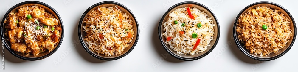 Four bowls of Asian cuisine chicken, fried rice variations, and vegetable rice. Four bowls of Asian cuisine chicken, fried rice variations, and vegetable rice.