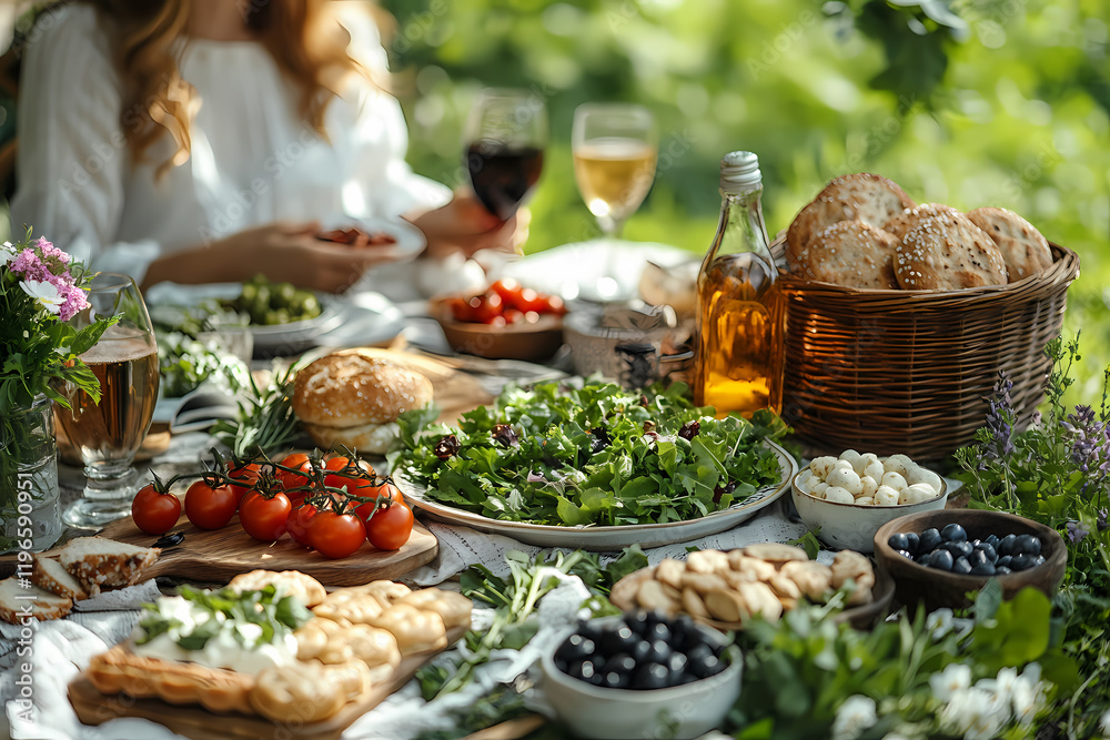 A young couple setting up a spring picnic with stylish accessories. A light atmosphere of joy and harmony with nature A young couple setting up a spring picnic with stylish accessories. A light atmosphere of joy and harmony with nature