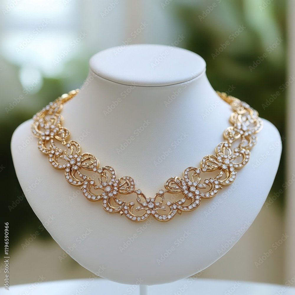 A stunning gold necklace with diamond intricate detailing, elegantly displayed on a white stand A stunning gold necklace with diamond intricate detailing, elegantly displayed on a white stand