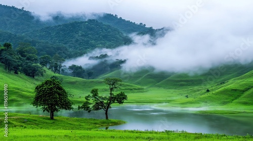 Misty Mountain Lake Landscape