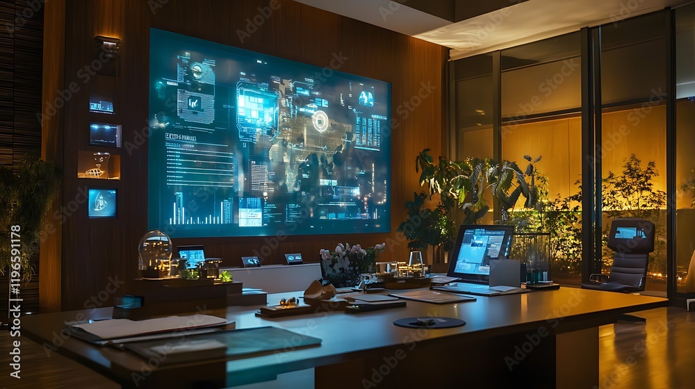 Modern office interior with large interactive screen displaying global data, plants, and technology. Modern office interior with large interactive screen displaying global data, plants, and technology.