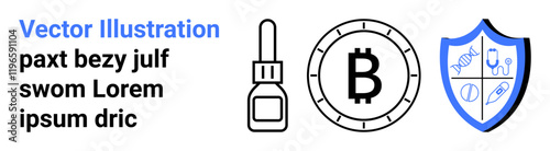 Dropper bottle, Bitcoin symbol within a coin, and healthcare shield with DNA, heart, pill, and stethoscope icons. Ideal for tech startups, healthcare innovation, cryptocurrency websites, medical