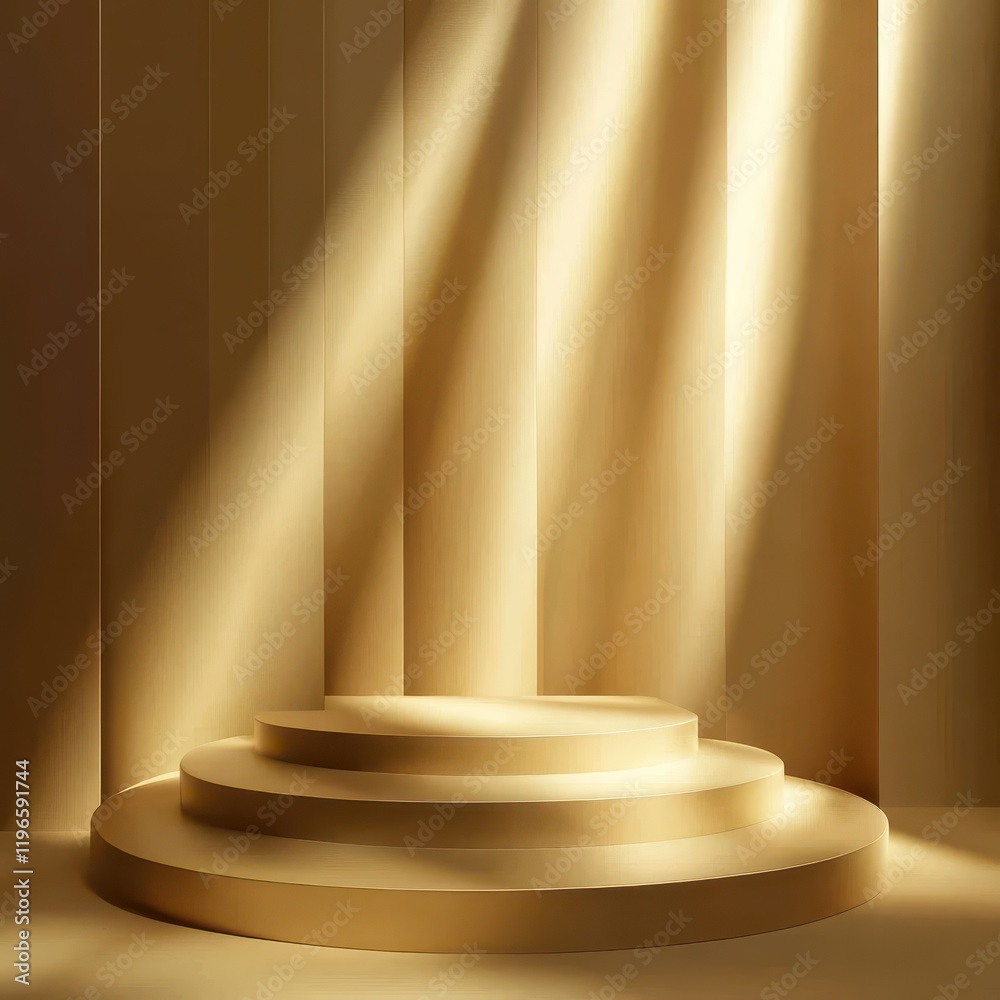 Vertical podium design with gold fragmented layers, modern shadow play, and ambient glowing tones, refined elegance Vertical podium design with gold fragmented layers, modern shadow play, and ambient glowing tones, refined elegance