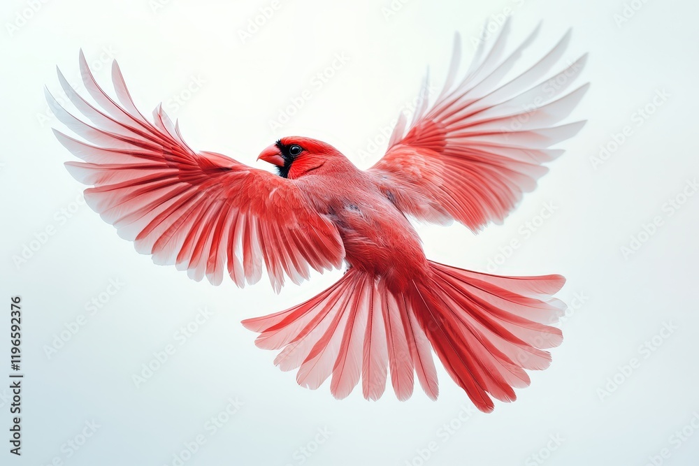 Fototapeta premium A vibrant red Northern Cardinal in flight against a bright white background, its wings fully extended.