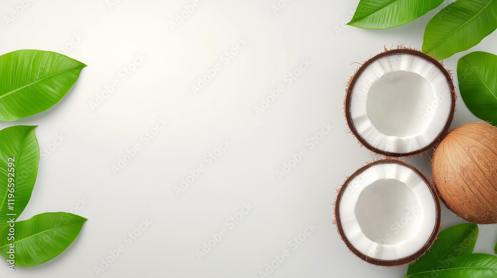 Ripe coconuts and coconut slices with green leaves arranged on white background. Coconut wallpaper, banner Ripe coconuts and coconut slices with green leaves arranged on white background. Coconut wallpaper, banner