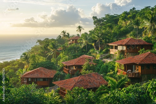 Hillside resort with ocean view at sunset.