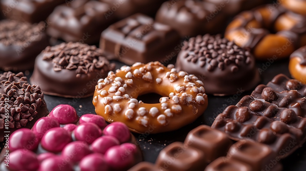 Assorted chocolate pretzels caramel candies candycoated drops on a dark polished surface Assorted chocolate pretzels caramel candies candycoated drops on a dark polished surface