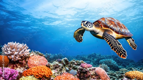 A sea turtle swimming over vibrant coral reefs in clear waters.