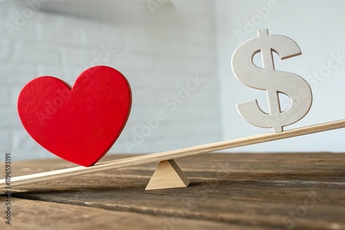 heart and dollar on wooden scale. Work and life balance concept