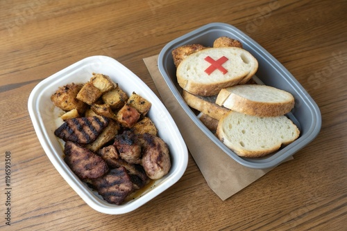 Meat next to bread with forbidden sign. Keto and low carb diet