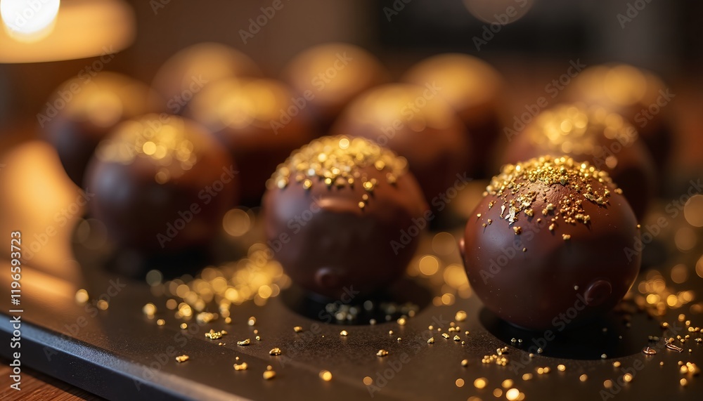 Gourmet chocolate truffles with gold flakes on elegant tray, luxury dessert concept Gourmet chocolate truffles with gold flakes on elegant tray, luxury dessert concept