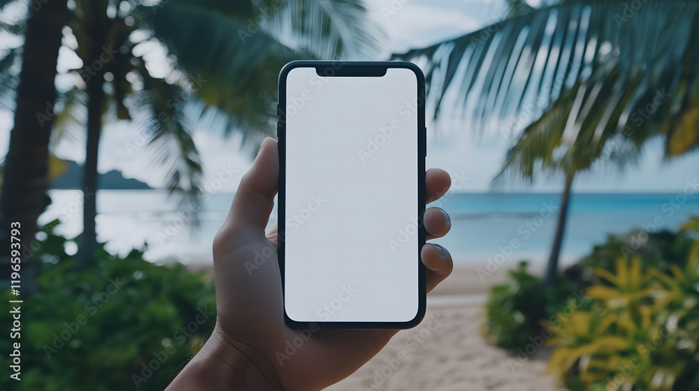 Naklejka premium hand holding phone with beach background